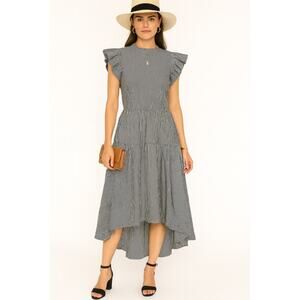 Katharine Kidd 100% Silk Navy Blue Striped Midi Dress with Ruffle Sleeves Size 2